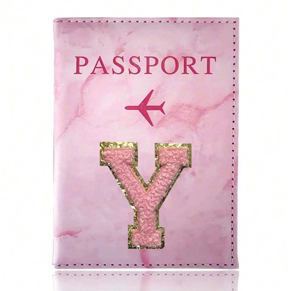 Pink Embroidery A-Z Letter Passport Cover Travel Wallet Card Holder Portable Document Case Nice Holiday Travel Gift