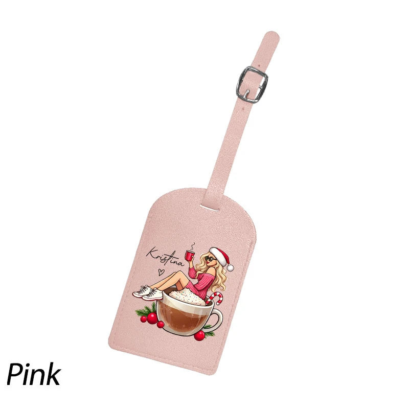 Customizable Luggage Tag Cute Coffee Girl Graphic PU Travel Identifier Bag Accessories Perfect for Suitcases Backpacks