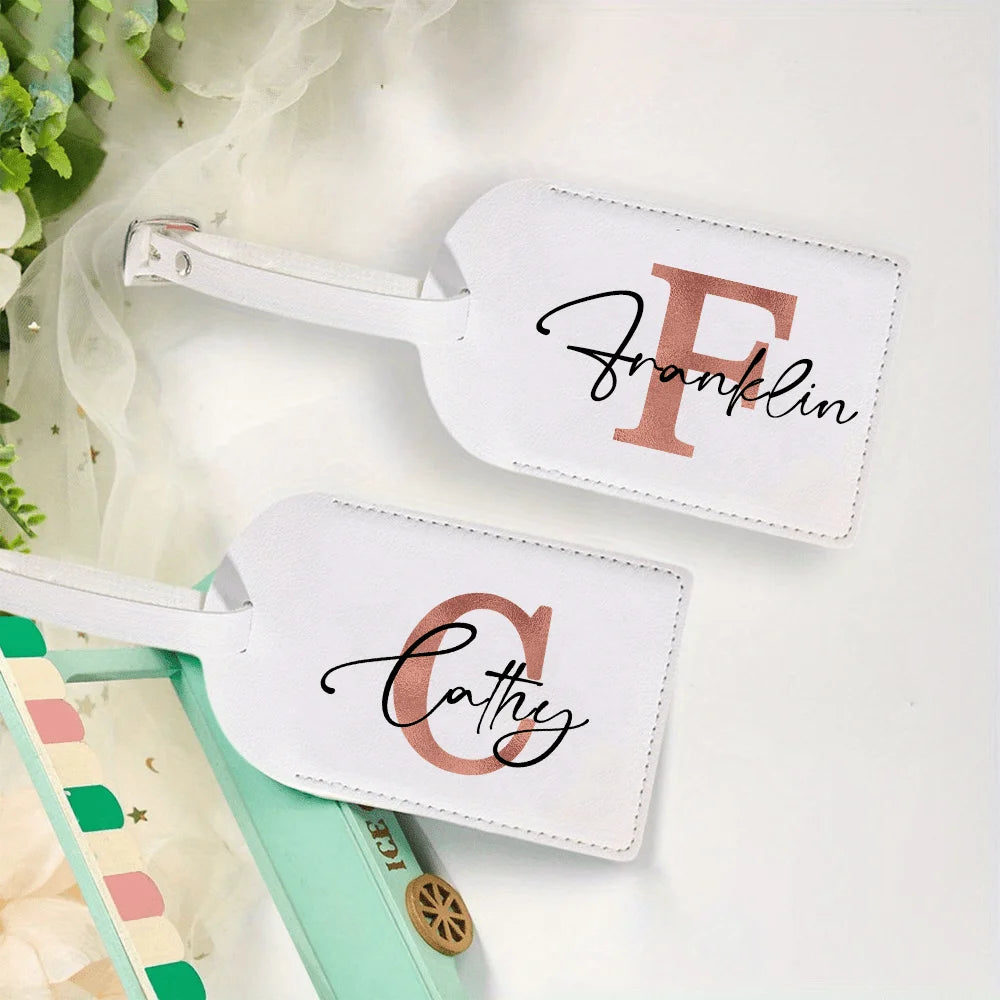 Personalized White Luggage Tag with Rose Golden Initials, Perfect for Your Suitcase Or Travel Bag