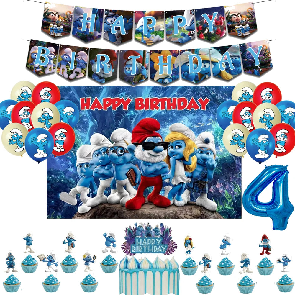 Smurfsed Happy Birthday Decoration Party Supplies Balloon Banner Number Blue Elf Theme Backdrop Cake Topper Baby Shower Boy Girl