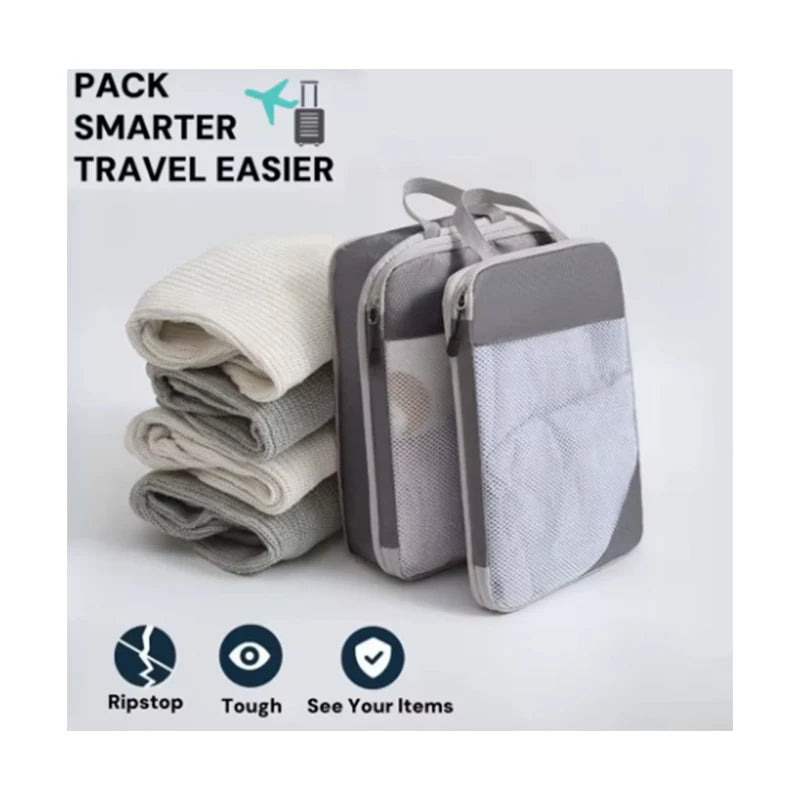Set of 3 Compressible Packing Travel Storage Bags Cubes Waterproof Suitcase Nylon Portable with Handbag Luggage Organizer