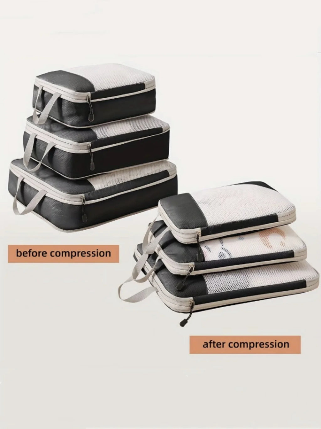 Set of 3 Compressible Packing Travel Storage Bags Cubes Waterproof Suitcase Nylon Portable with Handbag Luggage Organizer
