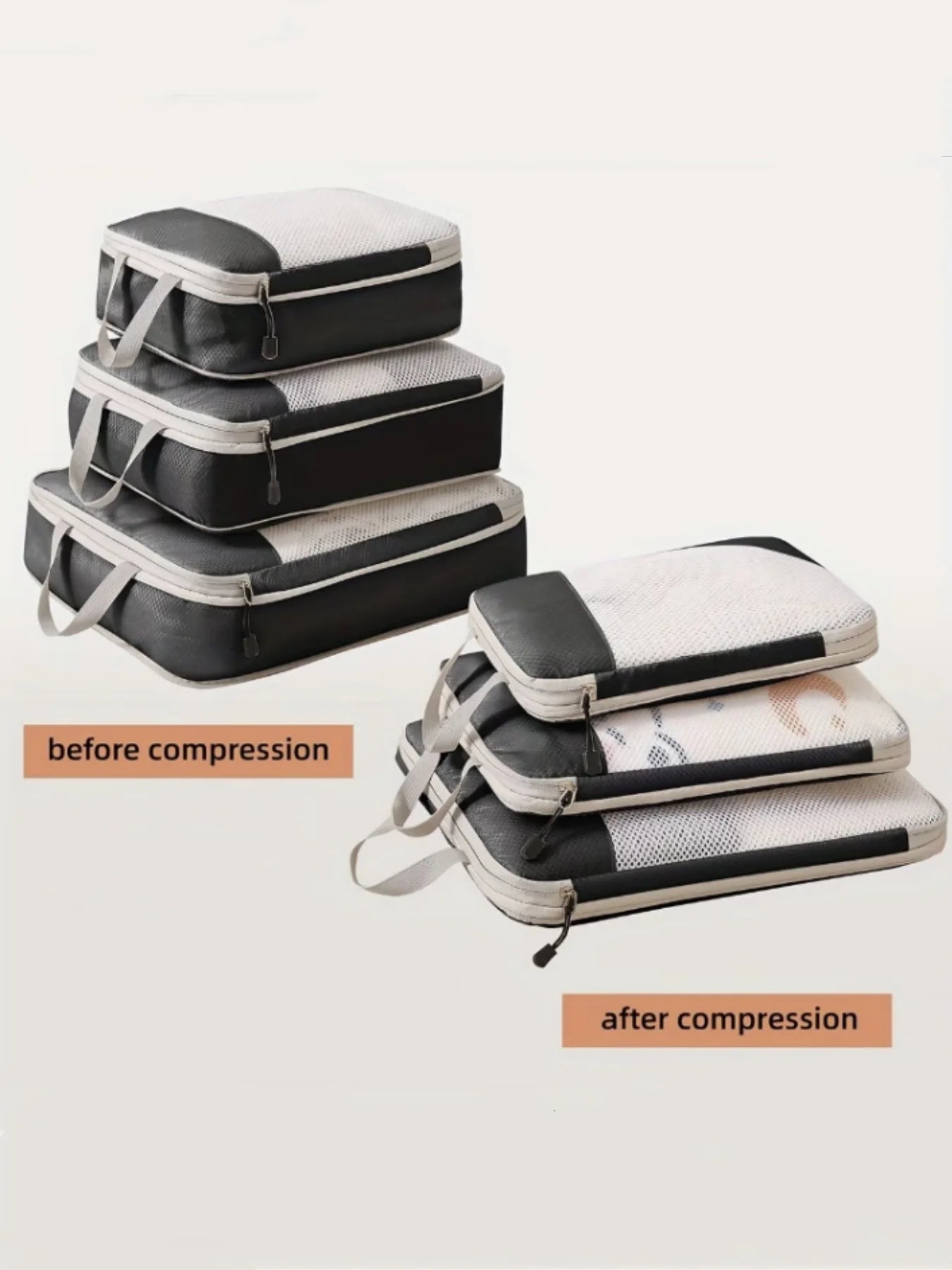 Set of 3 Compressible Packing Travel Storage Bags Cubes Waterproof Suitcase Nylon Portable with Handbag Luggage Organizer