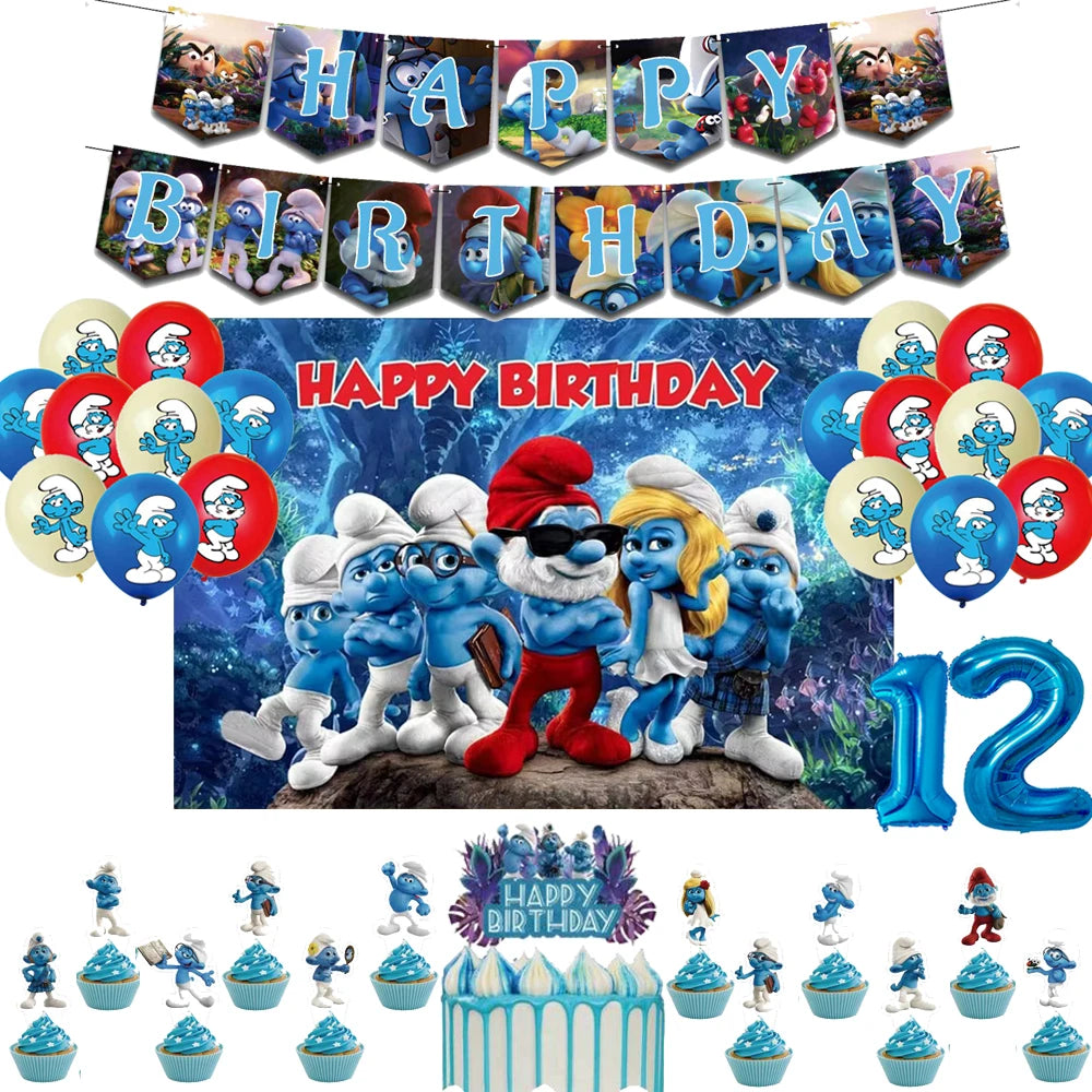 Smurfsed Happy Birthday Decoration Party Supplies Balloon Banner Number Blue Elf Theme Backdrop Cake Topper Baby Shower Boy Girl