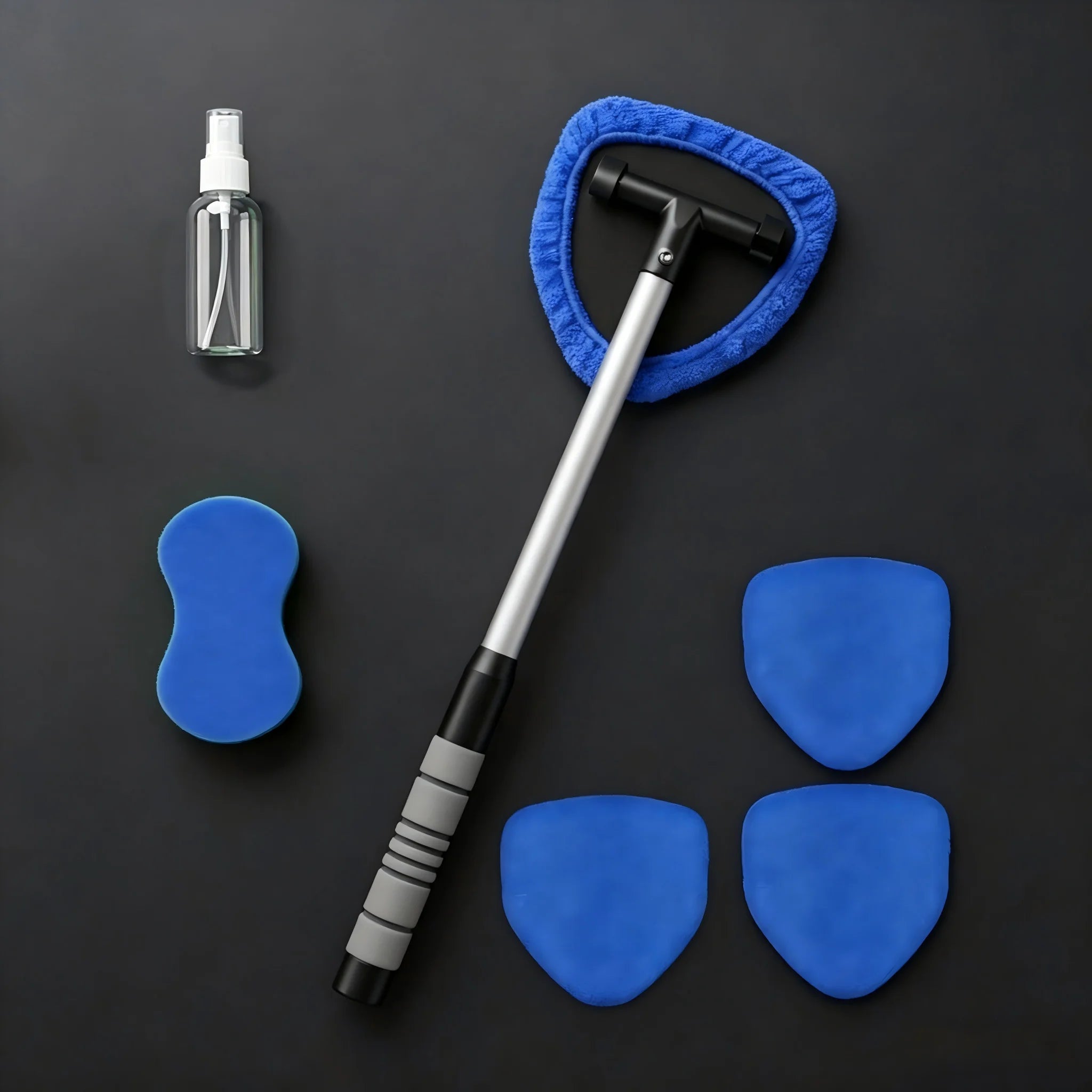All-in-One Windshield Cleaner Set - Extendable Handle, 4 Microfiber Pads, Spray Bottle Included, Car & Home Dual Use Glass Tool