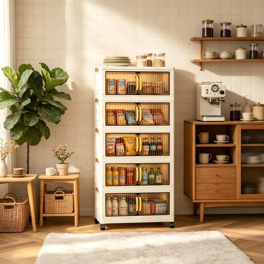 23.62in 3/4/5 Tier Foldable Plastic Storage Cabinet with Wheels, Double Transparent Door Organizer, Large Storage Chest, No Assembly Closet Organizer with Latches for Bedroom Kitchen, Cream White