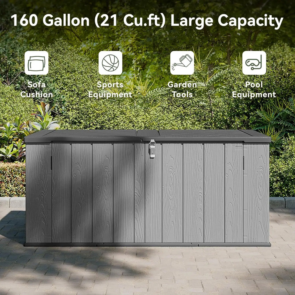 Aoxun 21 Cu Ft HDPE Outdoor Storage Box Waterproof Lockable Resin Deck Box With Spring Assisted Lid 5x2ft Garden Shed For Tools Pool Accessories Grey