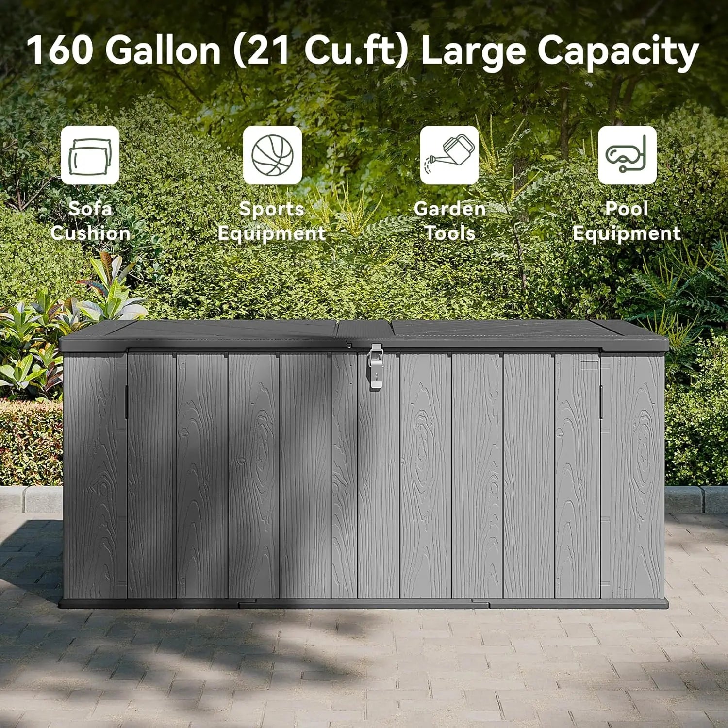 Aoxun 21 Cu Ft HDPE Outdoor Storage Box Waterproof Lockable Resin Deck Box With Spring Assisted Lid 5x2ft Garden Shed For Tools Pool Accessories Grey