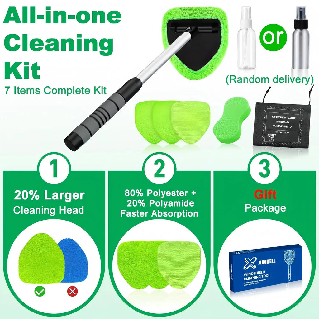 All-in-One Windshield Cleaner Set - Extendable Handle, 4 Microfiber Pads, Spray Bottle Included, Car & Home Dual Use Glass Tool
