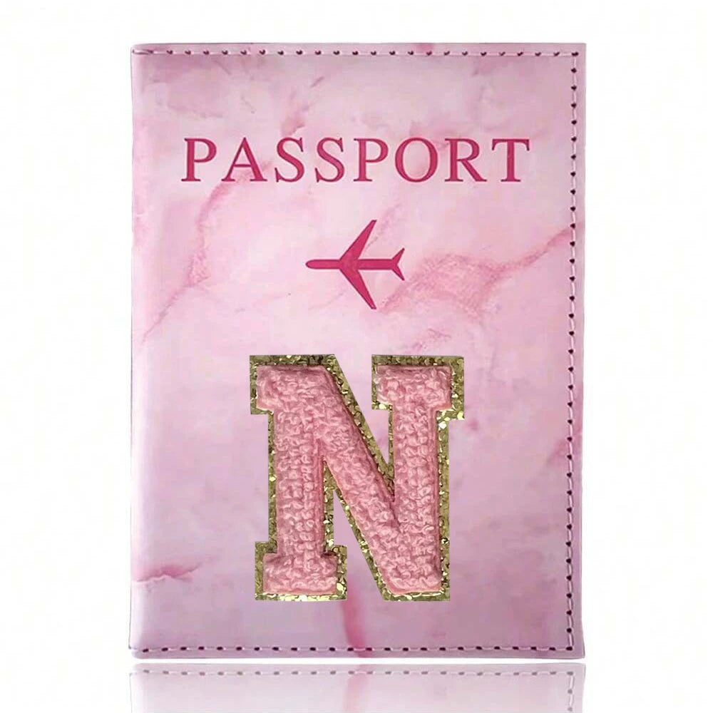 Pink Embroidery A-Z Letter Passport Cover Travel Wallet Card Holder Portable Document Case Nice Holiday Travel Gift