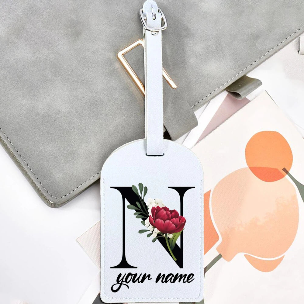 Black Floral Letter with Name Monogram Luggage Tag for Suitcase Baggage Handbag Tags Travel Bag Label Tag Personalised Gift