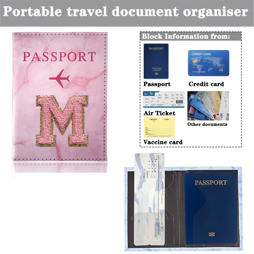 Pink Embroidery A-Z Letter Passport Cover Travel Wallet Card Holder Portable Document Case Nice Holiday Travel Gift