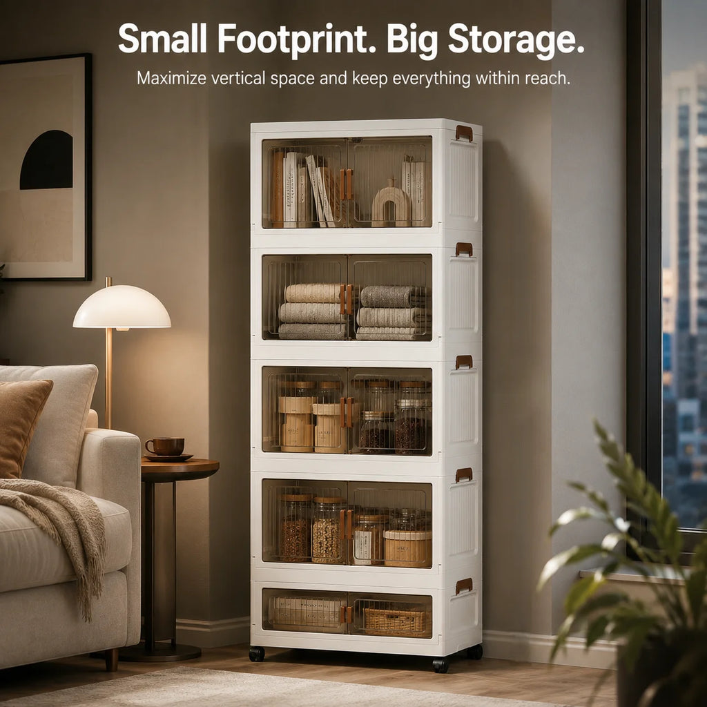 3/4/5-tier home office storage boxes, modular stackable and foldable storage cabinets, with semi-transparent compartments, double doors, and lockable wheels, dustproof foldable plastic storage boxes with wood grain handles, w