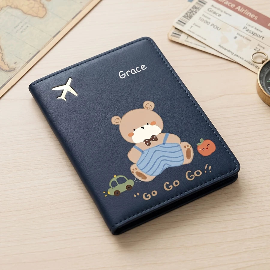 Personalized Passport Holder with Protective Cover - Custom Name/Text, Cute Cartoon Bear Pattern Design
