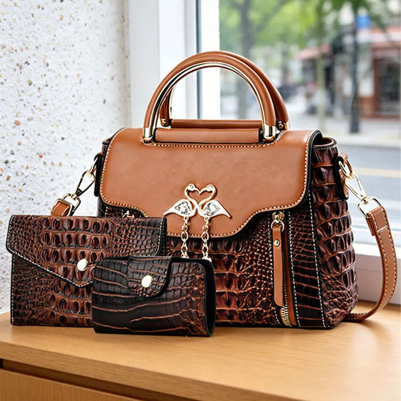 3-piece women's bag set, ladies handbag, crocodile pattern leather shoulder and crossbody bag, fliptop design bag, birthday gift