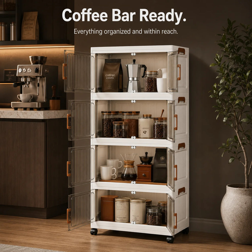 3/4/5-tier home office storage boxes, modular stackable and foldable storage cabinets, with semi-transparent compartments, double doors, and lockable wheels, dustproof foldable plastic storage boxes with wood grain handles, w