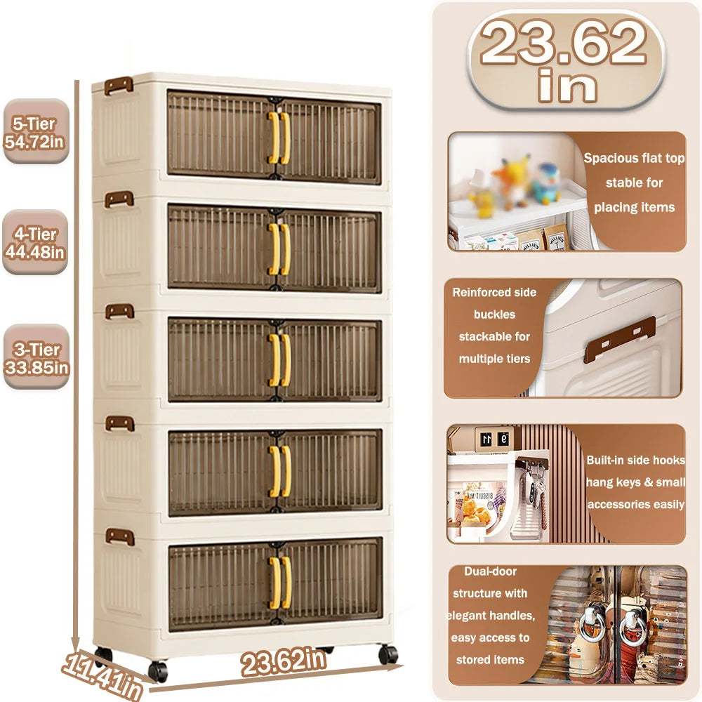 23.62in 3/4/5 Tier Foldable Plastic Storage Cabinet with Wheels, Double Transparent Door Organizer, Large Storage Chest, No Assembly Closet Organizer with Latches for Bedroom Kitchen, Cream White