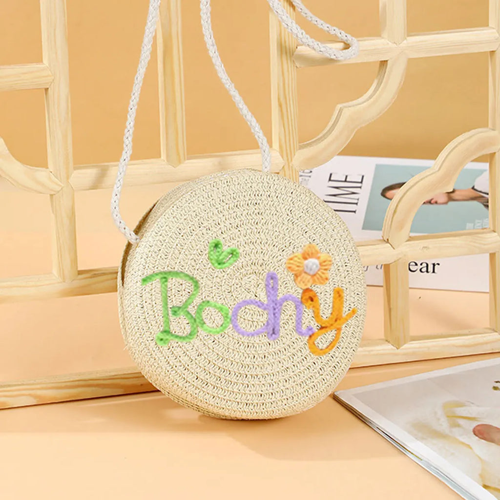 Personalized Custom Name Bag — Spring/Summer Round Straw Bag, Women's Beach Bag, Casual-Style Crossbody & Handbag