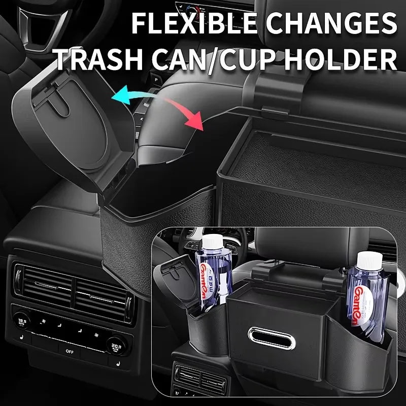 7-in-1 Car Back Seat Storage Box, Headrest Mount Tissue Box Trash Can Cup Holder Hook Multi-Function Rear Organizer