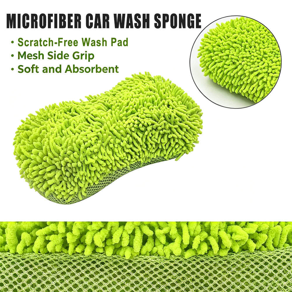 Chenille Microfiber Car Wash Sponge 8-Shape Scratch Free High Foam Super Absorbent Mesh Back Auto Detailing Cleaning Tools