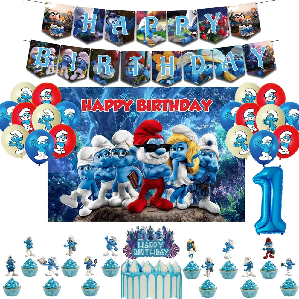 Smurfsed Happy Birthday Decoration Party Supplies Balloon Banner Number Blue Elf Theme Backdrop Cake Topper Baby Shower Boy Girl