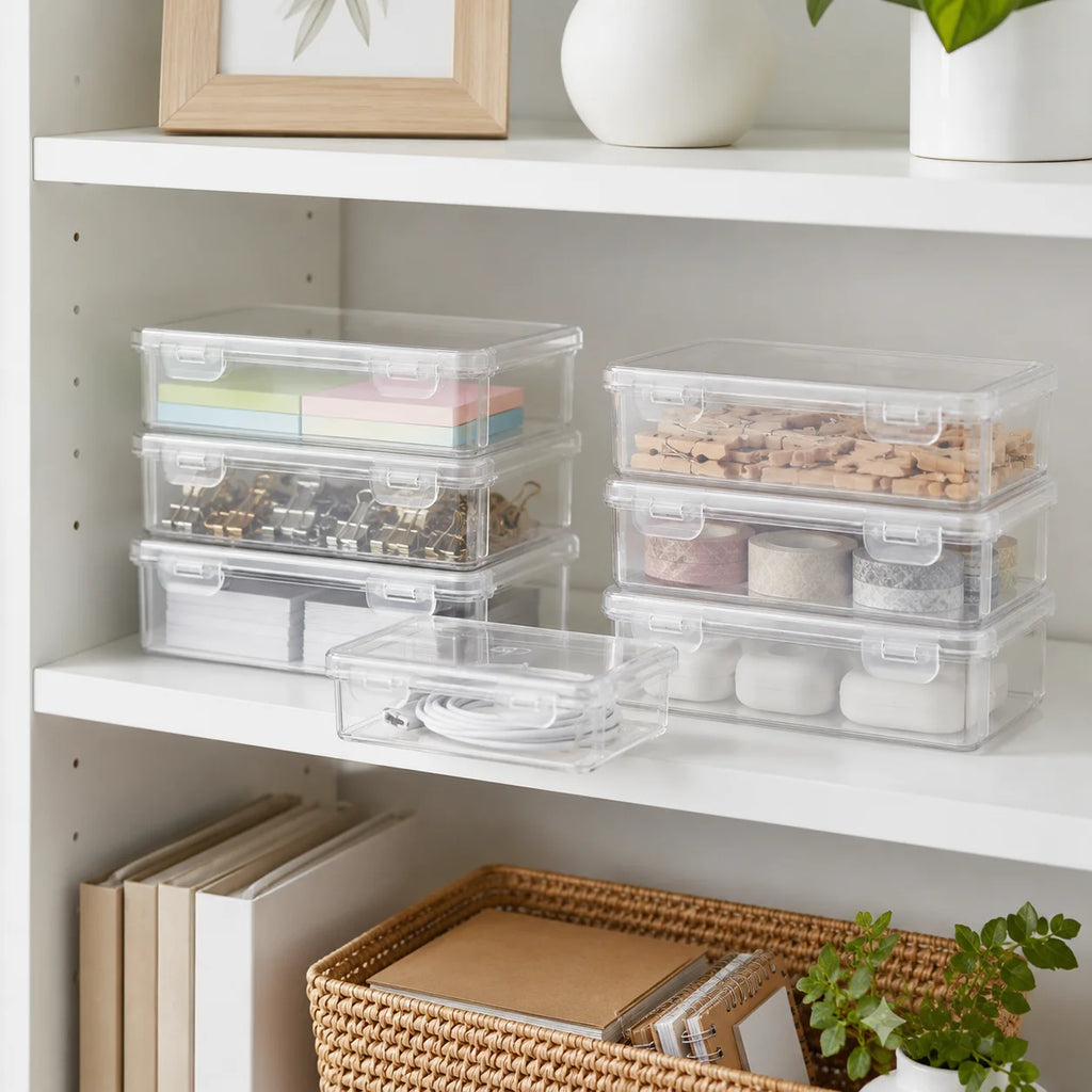 Clear Plastic Storage Boxes With Secure Lids Stackable Small Organizer Containers Dust Proof Home Storage Bins For Drawer Bathroom Kitchen Office Craft Cosmetic Sundries Organizing