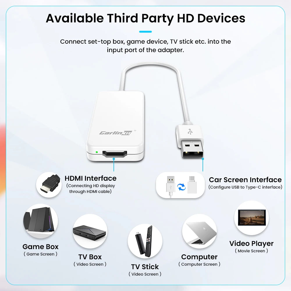 CarlinKit Car TV Mate Converter Video Input HDMI for Fire TV Stick Game or TV Set-top Box USB Adapter for OEM Wired CarPlay Car