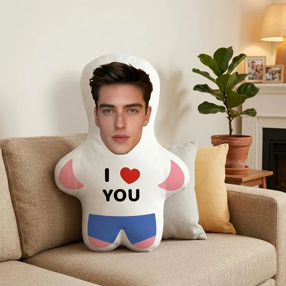 Customized "I Love You" Mini Plush Doll Personalized Photo Pillow, Perfect Couple Gift, Soft Polyester