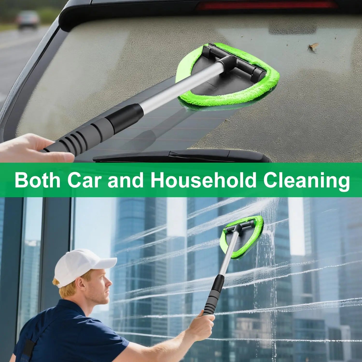 All-in-One Windshield Cleaner Set - Extendable Handle, 4 Microfiber Pads, Spray Bottle Included, Car & Home Dual Use Glass Tool