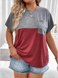Plus Size European and American Cross Border New Women's Loose Short Sleeve Patchwork Pocket T-shirt Top