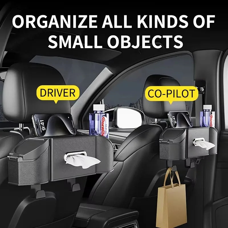 7-in-1 Car Back Seat Storage Box, Headrest Mount Tissue Box Trash Can Cup Holder Hook Multi-Function Rear Organizer