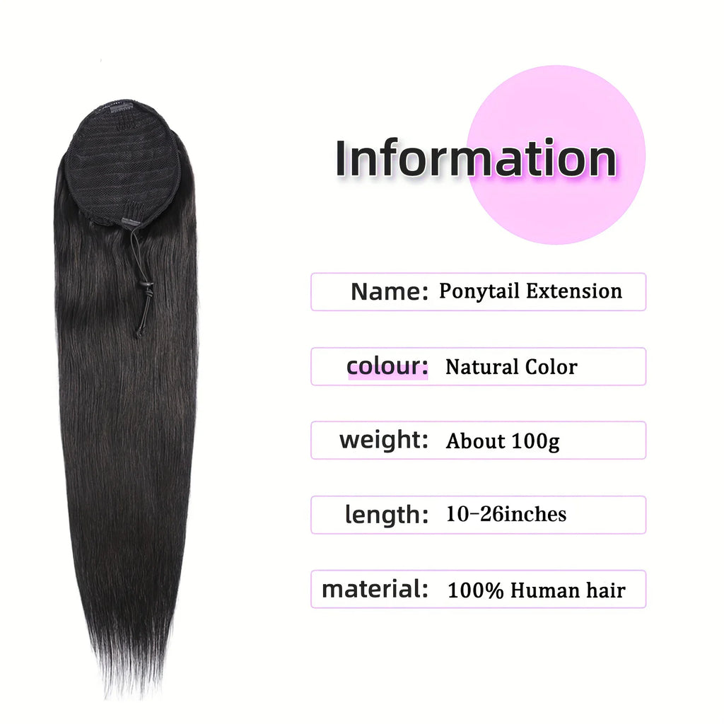 Straight Ponytail Human Hair Extensions With Clip In Drawstring Ponytail Straight Brazilian Ponytail For Women Natural Black #1B