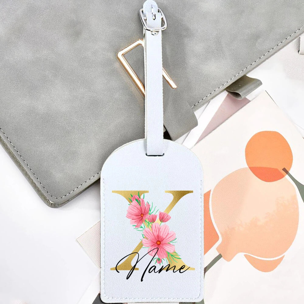 Personalised Golden Letters + Flower Luggage Tag, Custom Name Suitcase Label Baggage Tags Travel Accessorie