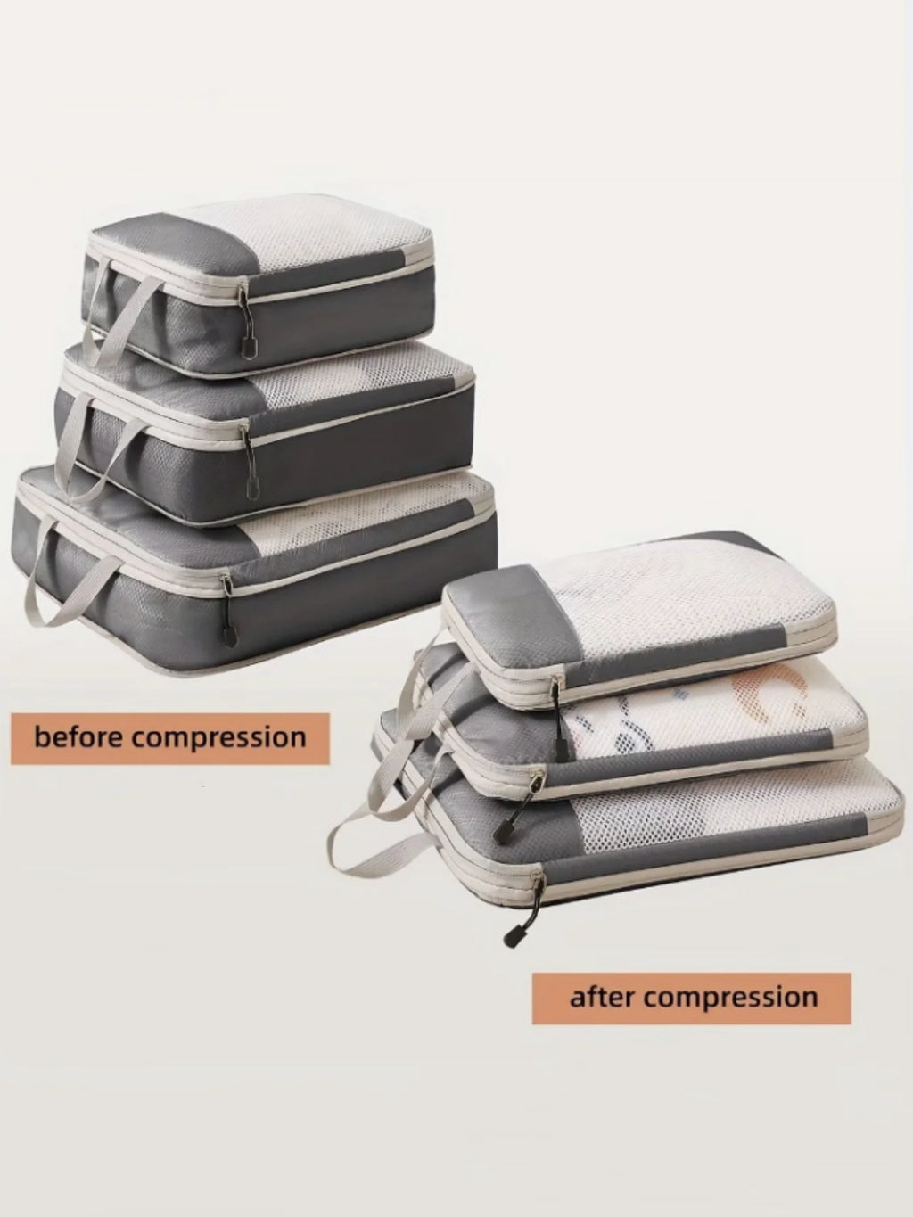 Set of 3 Compressible Packing Travel Storage Bags Cubes Waterproof Suitcase Nylon Portable with Handbag Luggage Organizer