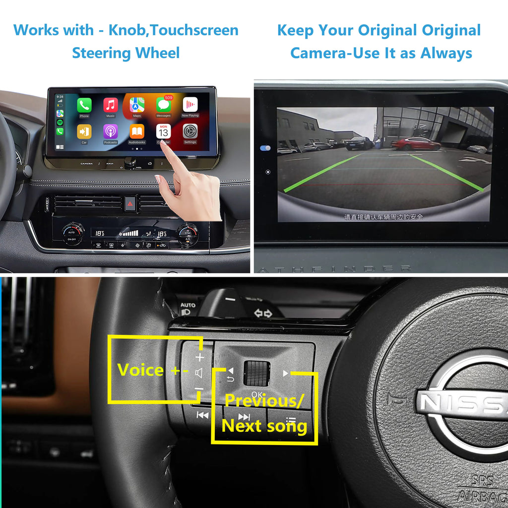 Apple CarPlay for Nissan X-Trail Qashqai ePower Rogue Altima 2023-2025 Add Wireless Android Auto 360 Camera Bird View System