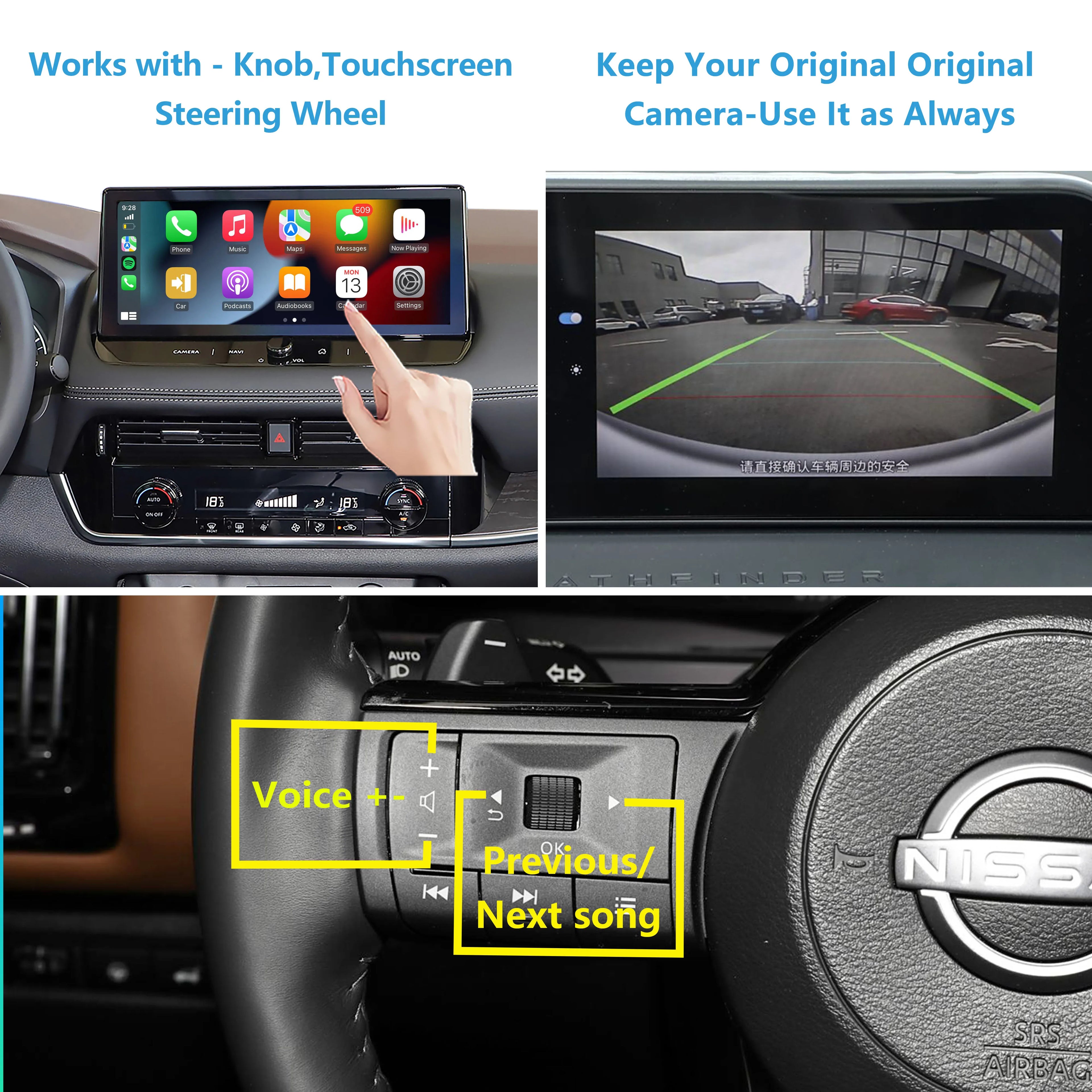 Apple CarPlay for Nissan X-Trail Qashqai ePower Rogue Altima 2023-2025 Add Wireless Android Auto 360 Camera Bird View System