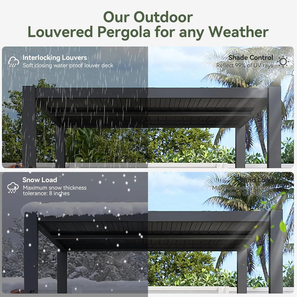 Aoxun 10x10FT Louvered Aluminum Pergola Adjustable Roof Metal Pergola for Decks Gardens Backyards Easy Assembly Gray