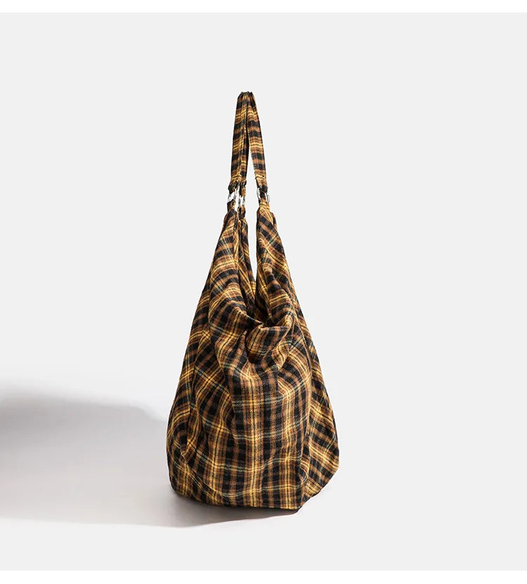 Casual Vintage Tote Bag Large Capacity Canvas Tote Women's Relaxed Style Checkered Commuter Shoulder Bag Versatile Travel Bag