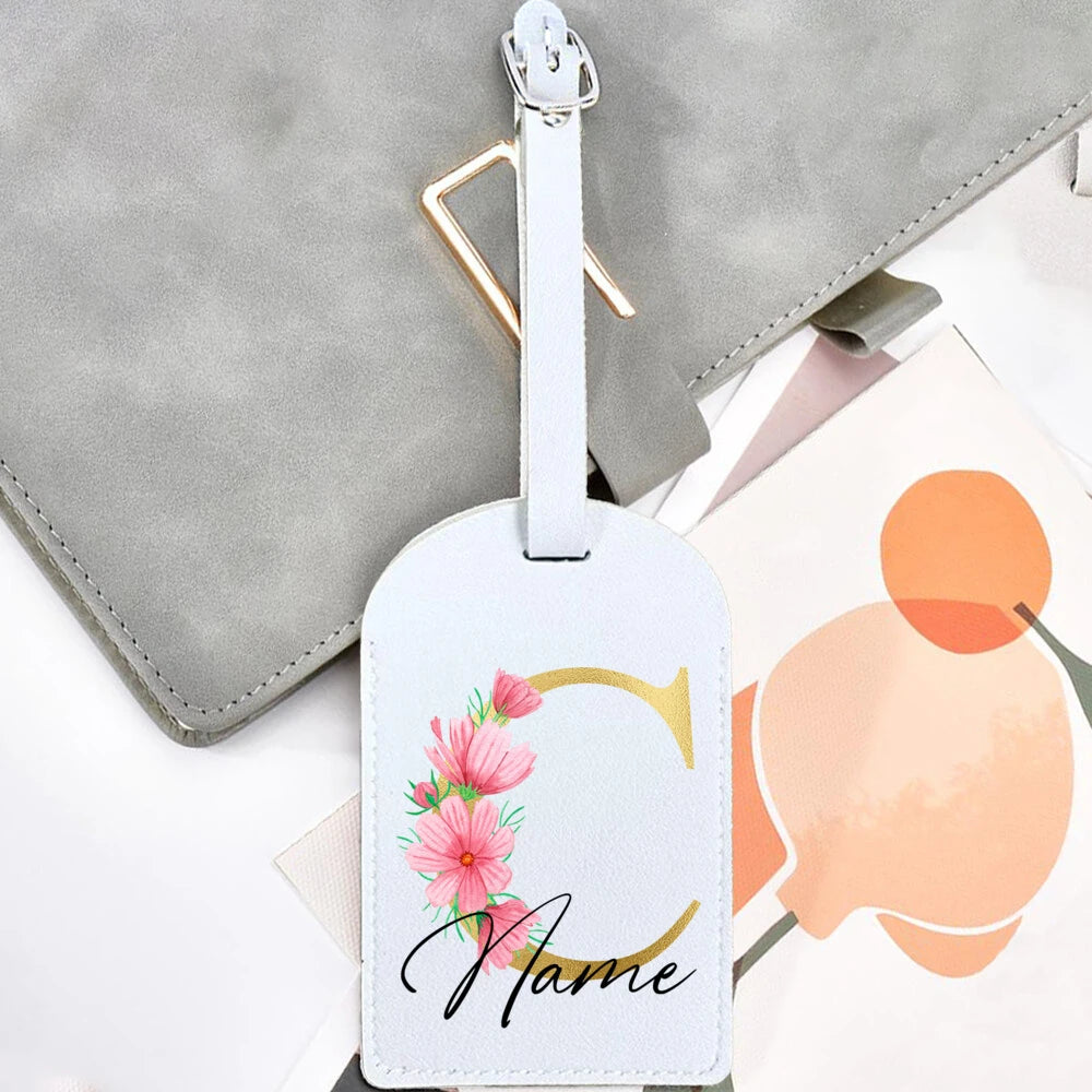 Personalised Golden Letters + Flower Luggage Tag, Custom Name Suitcase Label Baggage Tags Travel Accessorie