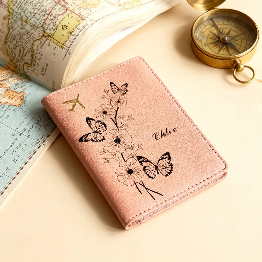 Personalized flower & butterfly passport case, stylish travel gift for birthdays, weddings & friends. Multi Colors