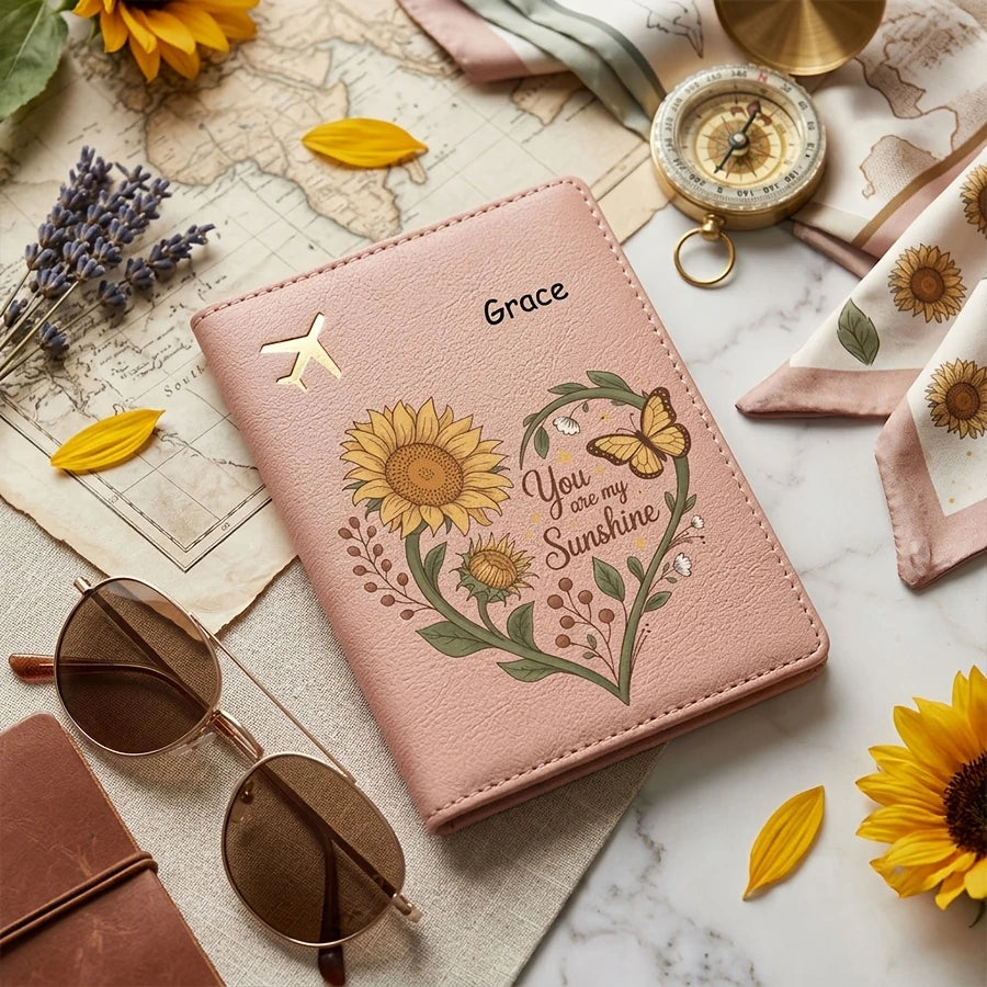Personalized Butterfly And Sunflower Vine Heart-Shaped Pattern Passport Cover, Customizable Name, Text Passport Book Storage