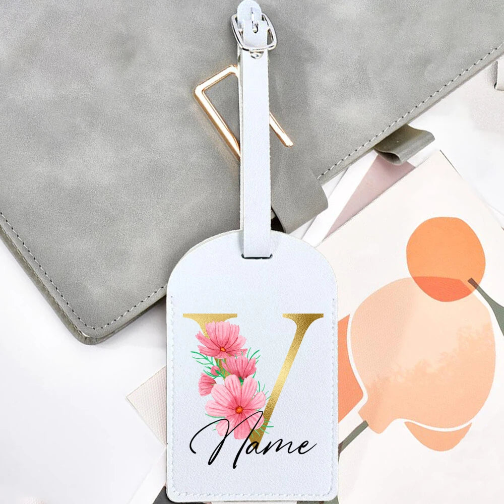 Personalised Golden Letters + Flower Luggage Tag, Custom Name Suitcase Label Baggage Tags Travel Accessorie