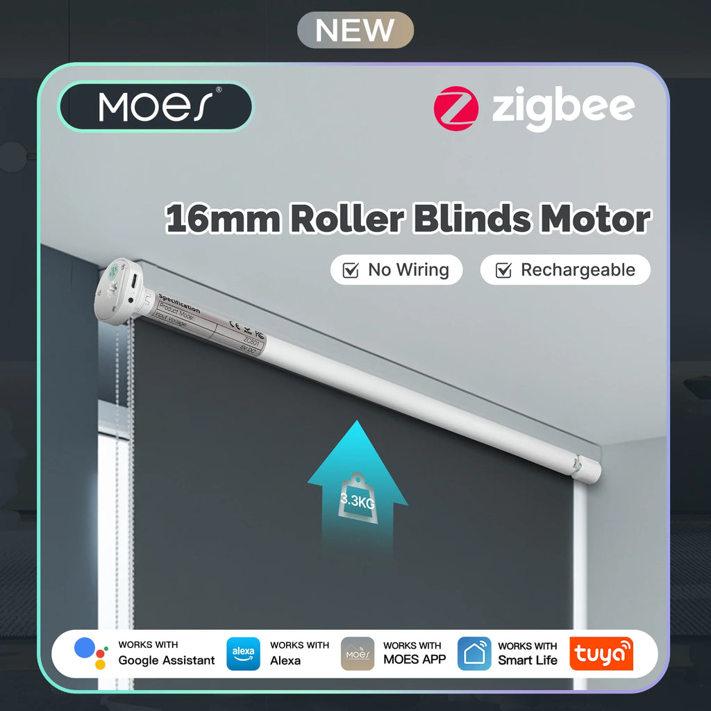 MOES Tuya Zigbee Smart Roller Blinds Motor 16mm Chargeable Window Shades Curtain For 17/25/28mm Tube Work with Alexa Google Home