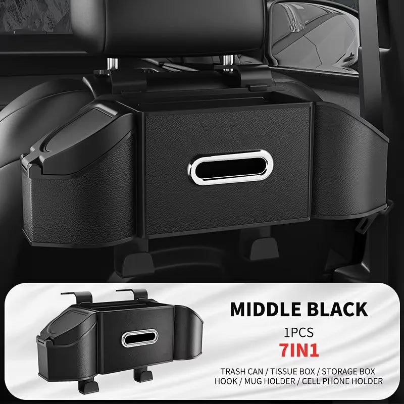 7-in-1 Car Back Seat Storage Box, Headrest Mount Tissue Box Trash Can Cup Holder Hook Multi-Function Rear Organizer