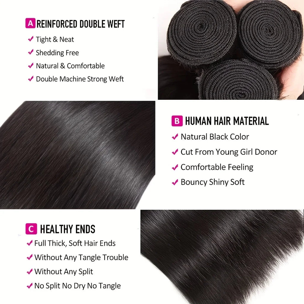 Brazilian Straight Human Hair Bundles with Frontal Closure 100% Virgin Hair Straight Weave 3 Bundles with 13x4 Lace Frontal Hair