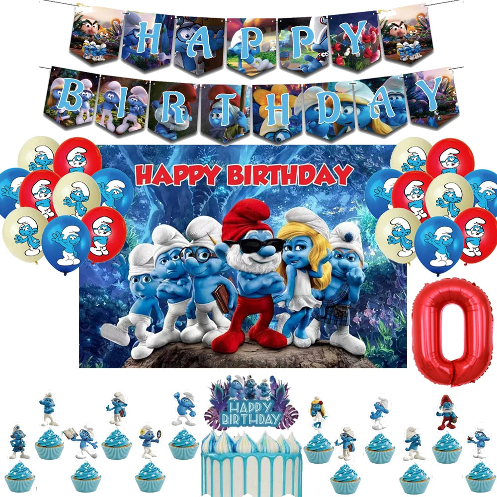 Smurfsed Happy Birthday Decoration Party Supplies Balloon Banner Number Blue Elf Theme Backdrop Cake Topper Baby Shower Boy Girl