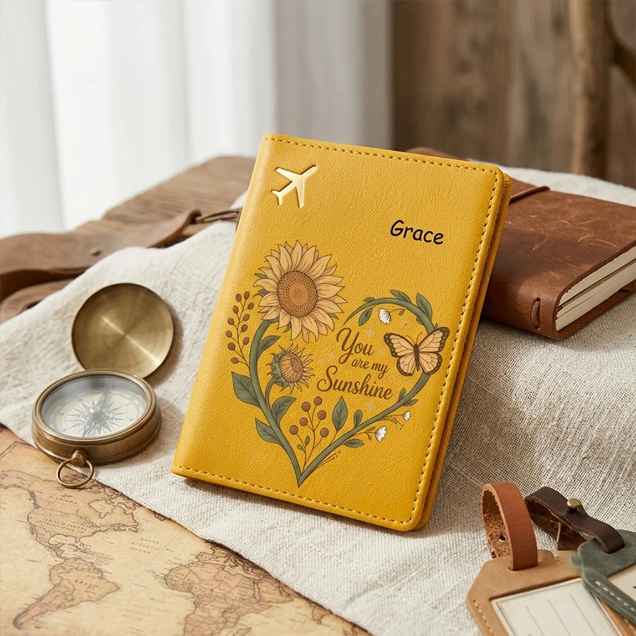 Personalized Butterfly And Sunflower Vine Heart-Shaped Pattern Passport Cover, Customizable Name, Text Passport Book Storage