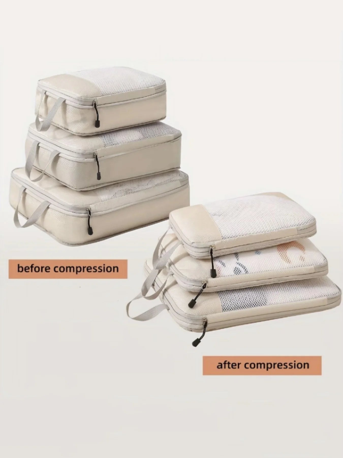 Set of 3 Compressible Packing Travel Storage Bags Cubes Waterproof Suitcase Nylon Portable with Handbag Luggage Organizer