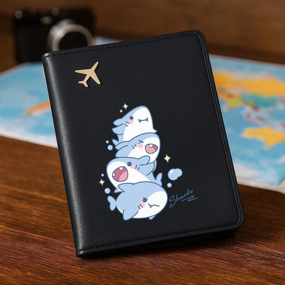 Cute Smiling Shark Pattern Passport Holder Travel Card Cover Portable Storage Pouch Ideal Birthday Gift for Women Air Travel