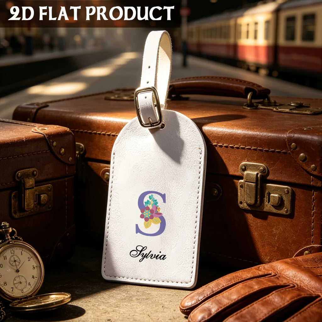 Personalized White Synthetic Leather Luggage Tag - Custom Initial & Name ID Label for Suitcase, Business Travel & Vacation